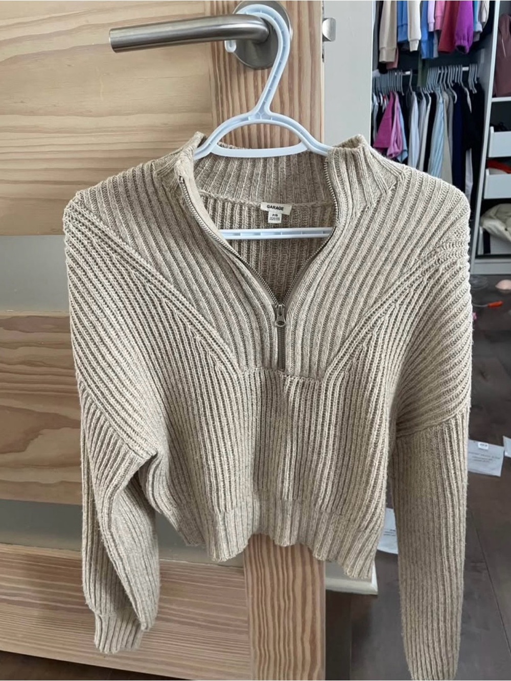 Beige Ribbed Half-Zip Sweater - small